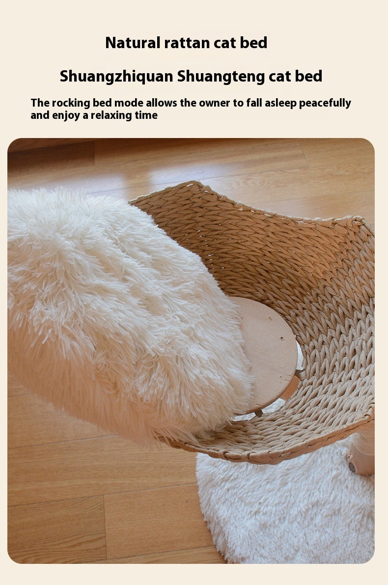 PAWRIO™ Natural Cat Tree – Solid Wood & Rattan Double Nest Tower