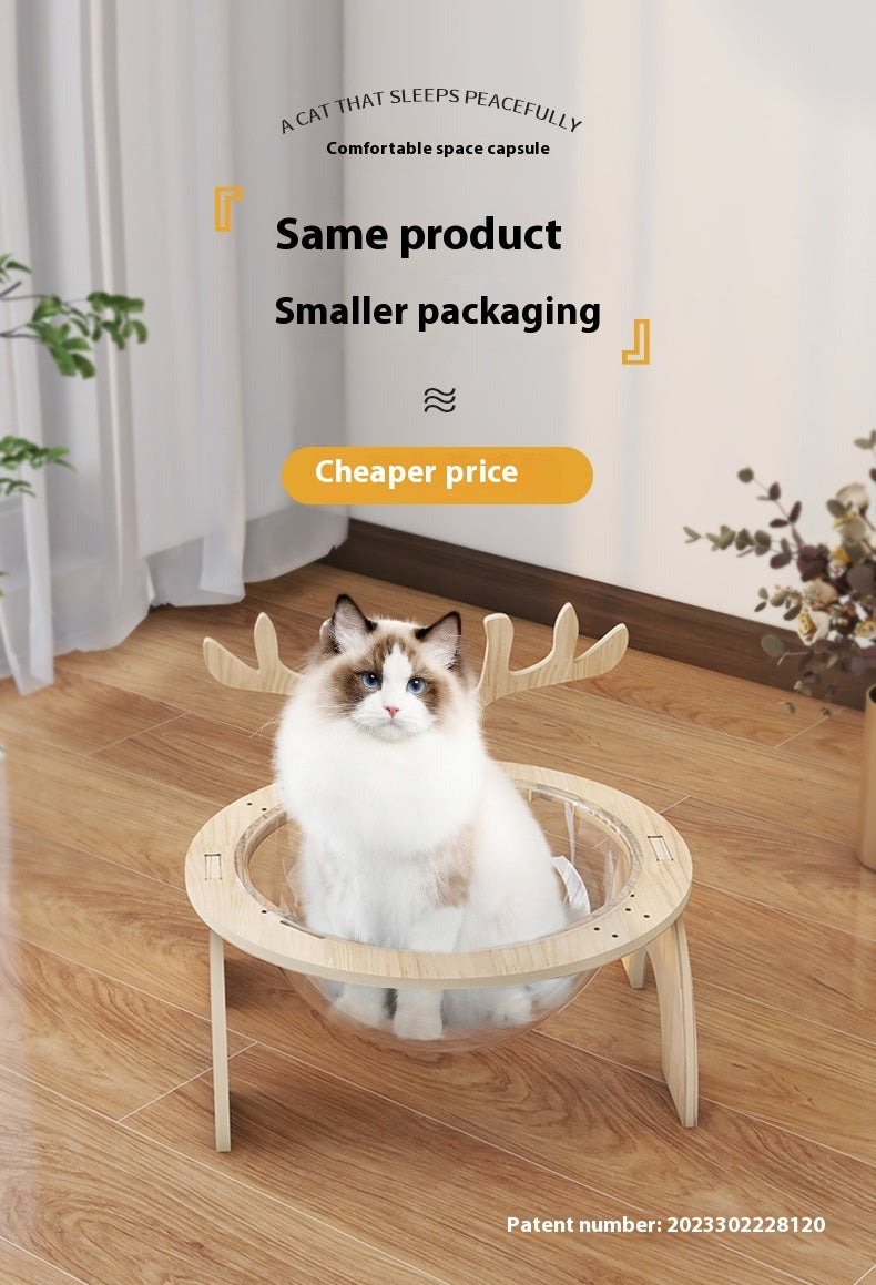 PAWRIO™ Antlers Cat Nest – Solid Wood Space Capsule Bed
