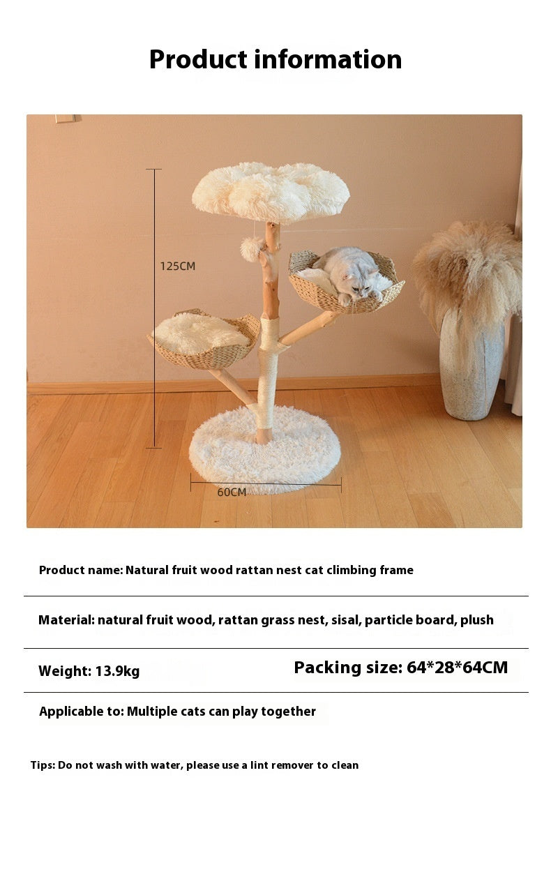 PAWRIO™ Natural Cat Tree – Solid Wood & Rattan Double Nest Tower