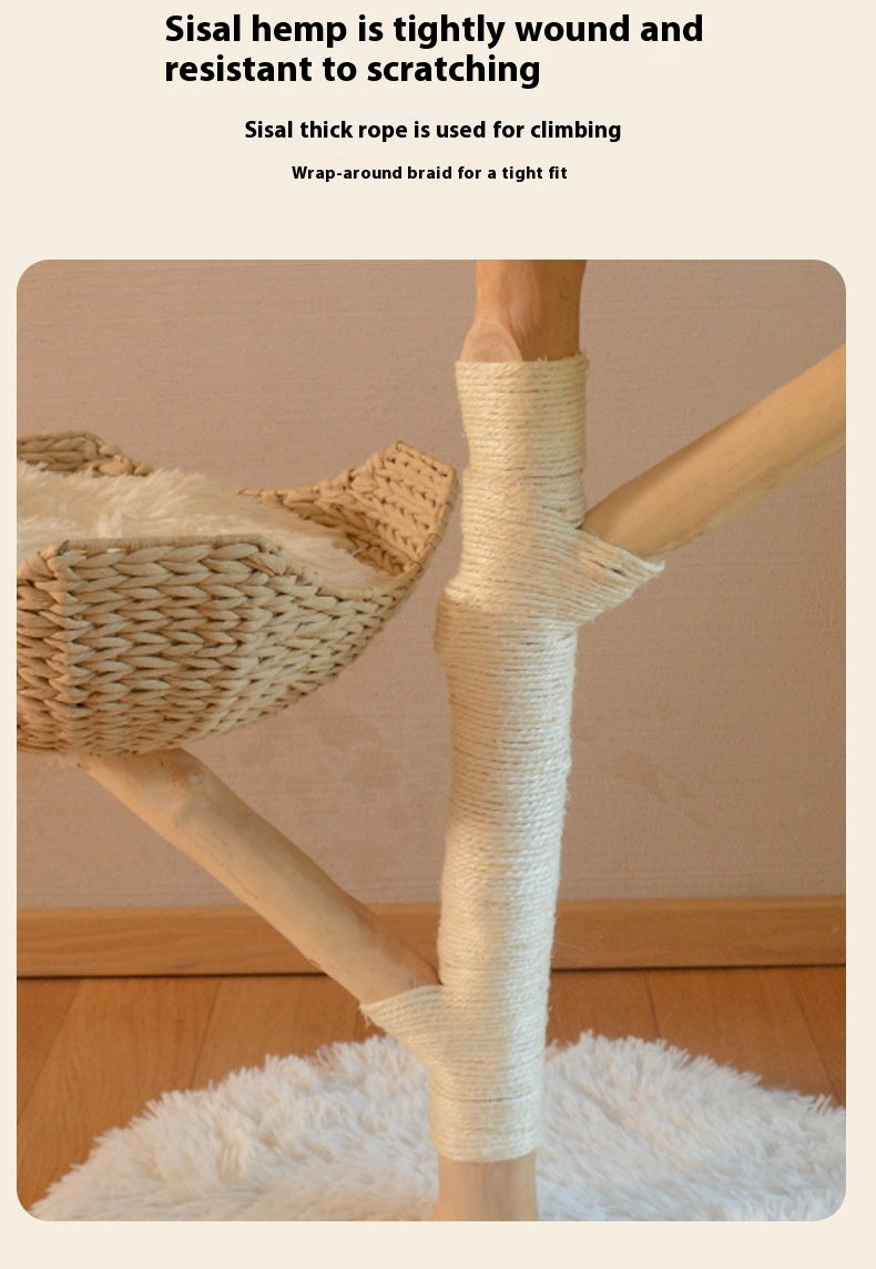 PAWRIO™ Natural Cat Tree – Solid Wood & Rattan Double Nest Tower