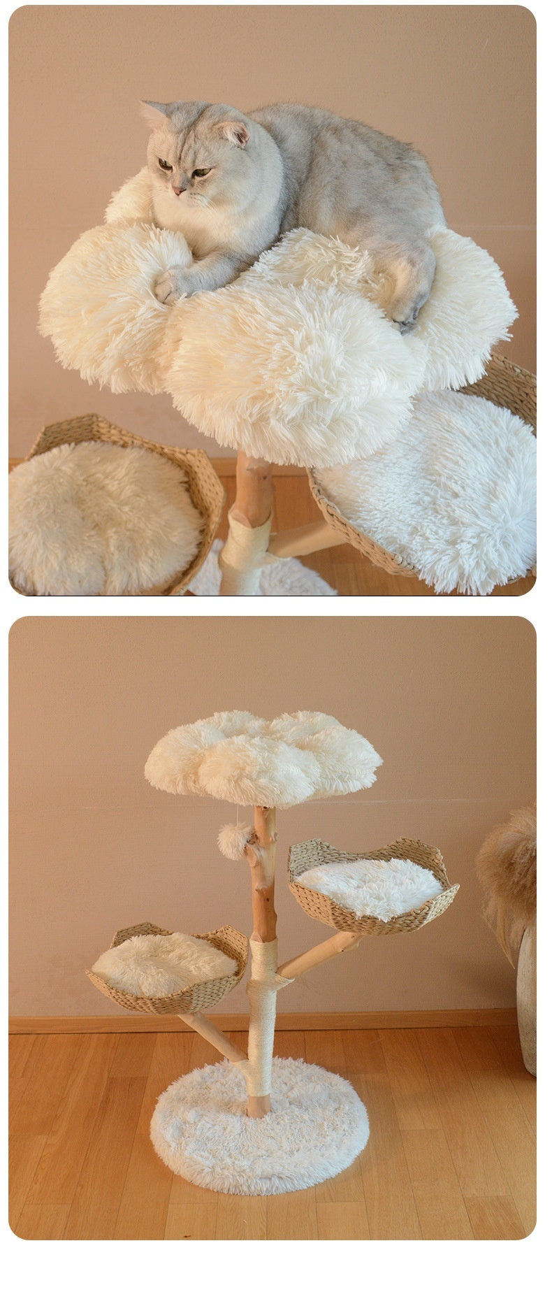 PAWRIO™ Natural Cat Tree – Solid Wood & Rattan Double Nest Tower