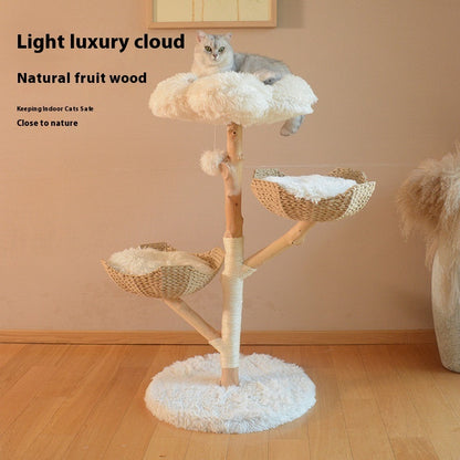 PAWRIO™ Natural Cat Tree – Solid Wood & Rattan Double Nest Tower