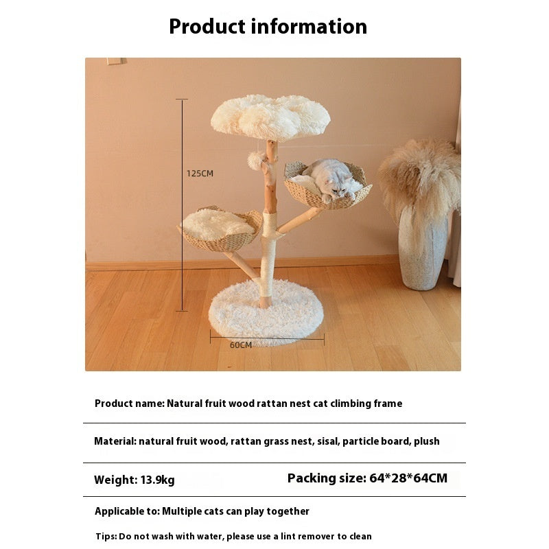 PAWRIO™ Natural Cat Tree – Solid Wood & Rattan Double Nest Tower