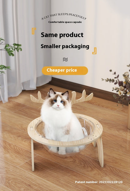 PAWRIO™ Antlers Cat Nest – Solid Wood Space Capsule Bed