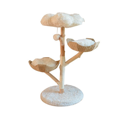 PAWRIO™ Natural Cat Tree – Solid Wood & Rattan Double Nest Tower
