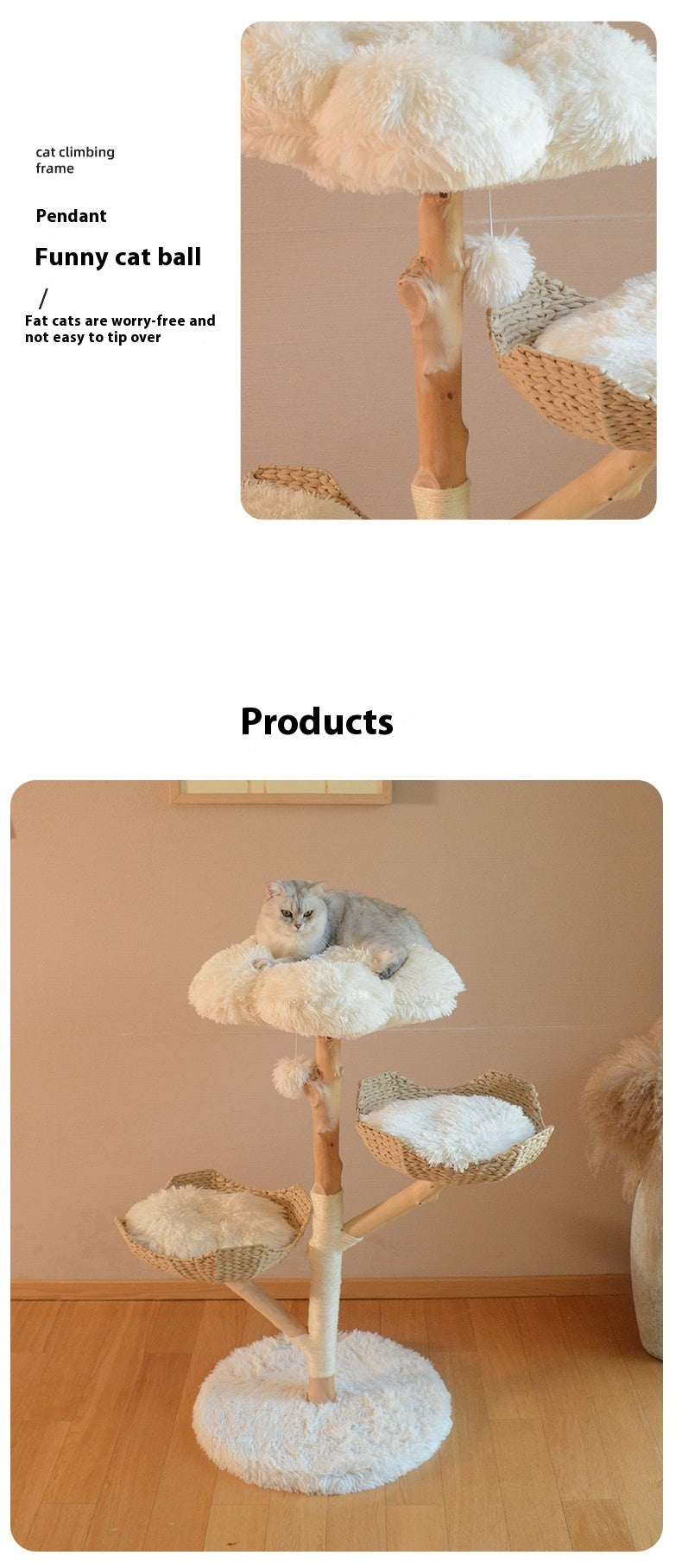 PAWRIO™ Natural Cat Tree – Solid Wood & Rattan Double Nest Tower