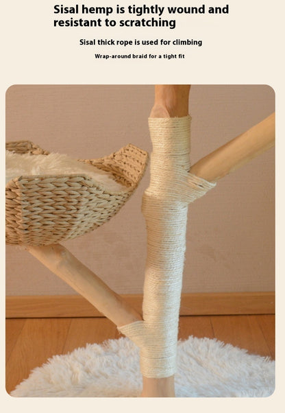 PAWRIO™ Natural Cat Tree – Solid Wood & Rattan Double Nest Tower